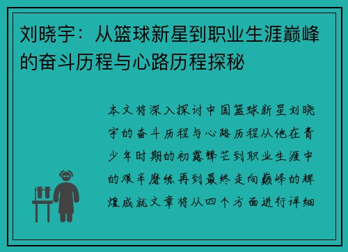 刘晓宇：从篮球新星到职业生涯巅峰的奋斗历程与心路历程探秘